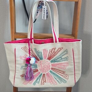 Katydid Cream and Pink Embroidered Tote